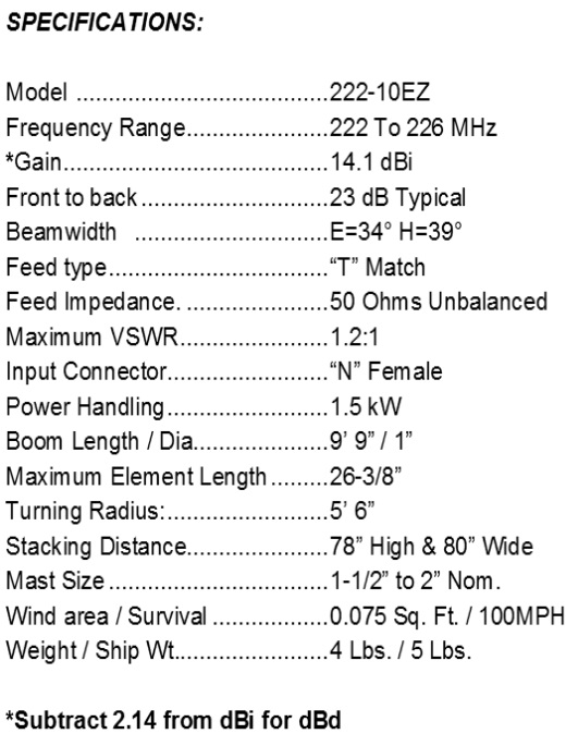 
<br>
<br>Specifications:
<br>Freq Range                222-226MHz
<br>Gain                      14.1 dBi
<br>Front to back             23 dB Typical
<br>Beam width                E=34 H=39
<br>Feed type                 