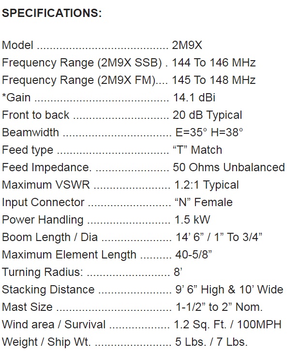 
<br>
<br>Specifications:
<br>Freq Range                144-148MHz
<br>Gain                      14.1 dBi
<br>Front to back             20 dB Typical
<br>Beam width                E=35 H=38
<br>Feed type                 